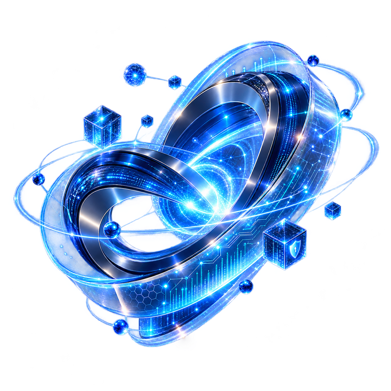Nexo digital: anillos de luz entrelazados con orbitas, cubos y esferas de datos, la tecnologia conectada como un solo sistema